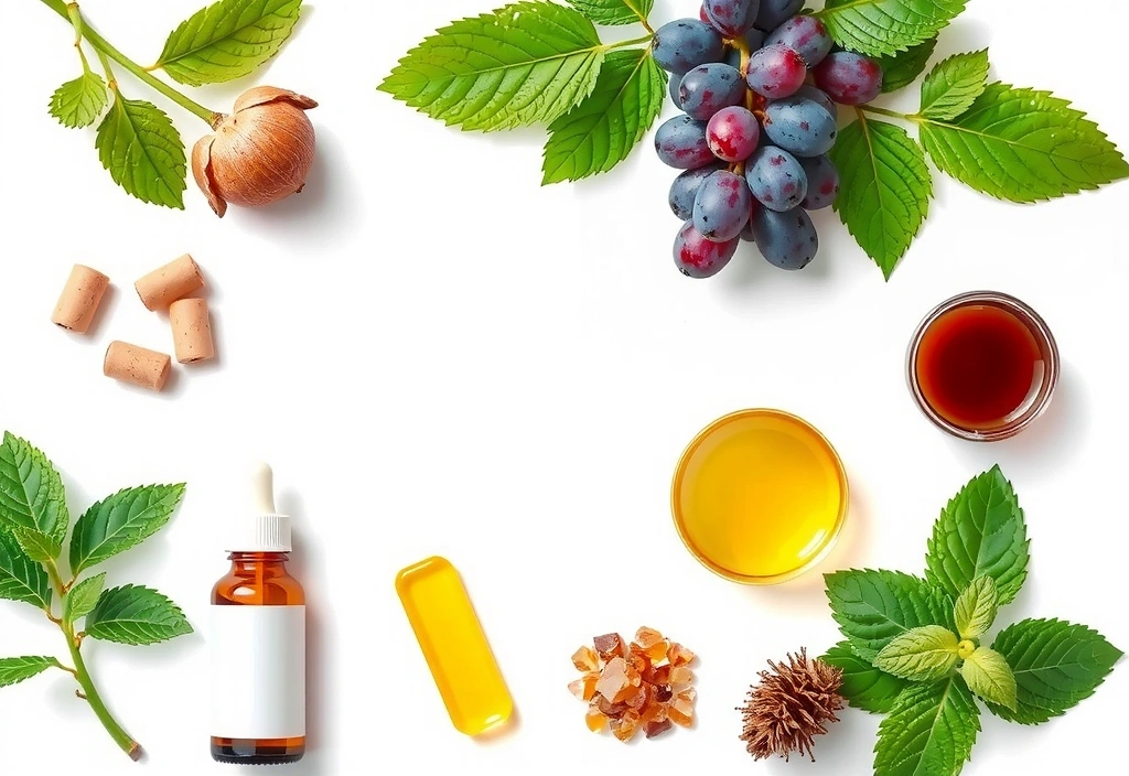 Raznovrsni prirodni biljni ekstrakti i sastojci na beloj pozadini